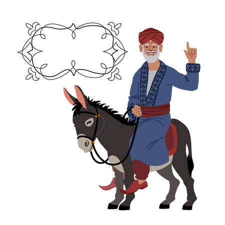 Funny oriental old man with a speech balloon riding on a gray donkey. The concept of eastern wisdom. Color vector illustration isolated on a white background in a cartoon and flat design.のイラスト素材