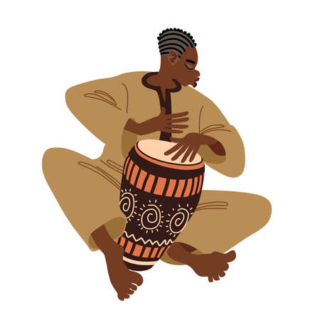 A young street musician plays a rhythmic melody on a conga drum decorated with an African pattern. Color vector illustration isolated on a white background in a cartoon and flat design.のイラスト素材