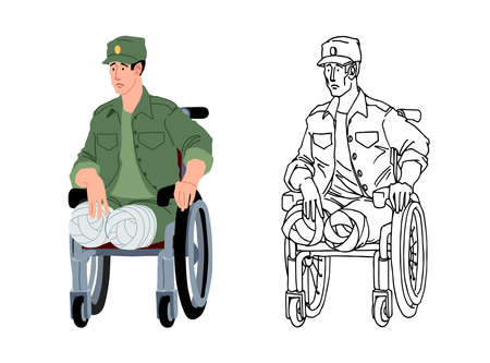 A disabled veteran of the war. A legless soldier in a wheelchair. Victim of a land mine. Vector illustration isolated on a white background in cartoon style.のイラスト素材