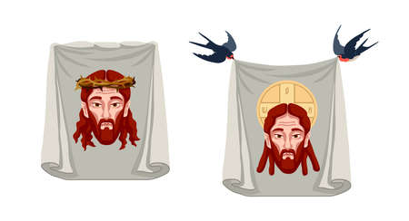 Veil of Veronica. Holy face Jesus Christ on a towel. Vector illustration isolated on a white background in a cartoon design.のイラスト素材