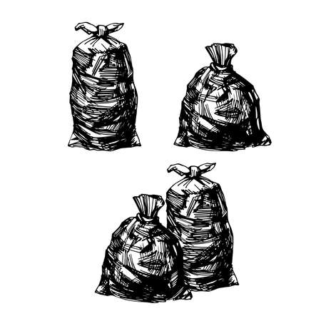 Sketch of plastic garbage bags. In black ink. Vector illustration isolated on a white background.のイラスト素材