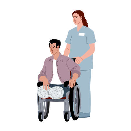 A nurse rolls a wheelchair. A legless patient. Rehabilitation after amputation. Consequences of a car crash. Vector illustration isolated on a white background in a cartoon and flaのイラスト素材