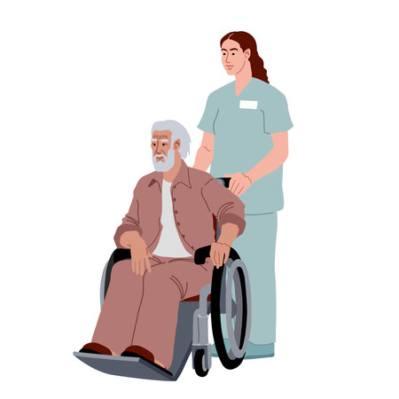 A nurse is wheeling an old man in a wheelchair. A smiling pensioner in the hospital. Vector illustration isolated on a white background in a cartoon and flat design.のイラスト素材
