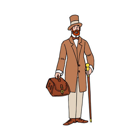 An English gentleman with a travel bag and a wooden cane. A European traveler. Color vector illustration with contour lines in black ink isolated on a white background in cartoonのイラスト素材