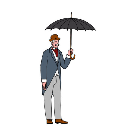 An English gentleman with an umbrella. A citizen of London. Color vector illustration with contour lines in black ink isolated on a white background in cartoon style.のイラスト素材