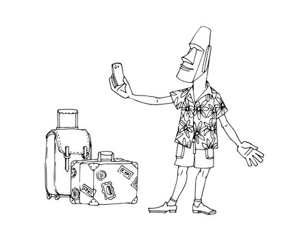 A man from Easter Island is traveling. Moai statue in Hawaiian shirt. Vector illustration with black ink lines isolated on white background in a hand drawn style.のイラスト素材