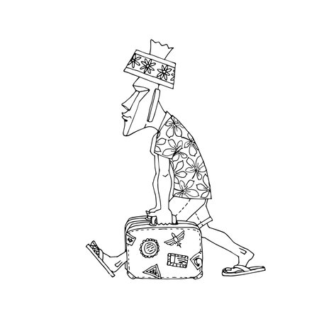 A man from Easter Island is traveling. Moai statue in Hawaiian shirt. Vector illustration with black ink lines isolated on white background in a hand drawn style.のイラスト素材