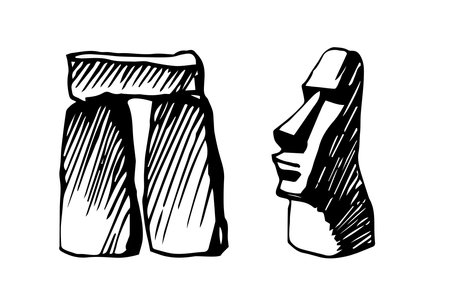 Statue from Easter island and Stonehenge element. Exotic tourist landmarks. Vector illustration with black ink isolated on white background in doodle and hand drawn style.のイラスト素材