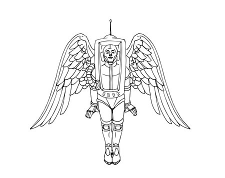 A Soviet cosmonaut flying on wings. rocketman. Vector illustration with black contour lines isolated on a white background in a hand drawn and cartoon style.のイラスト素材