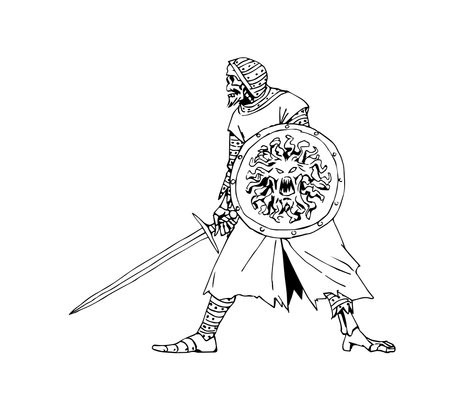 The risen dead crusader. A decayed medieval knight. A skeleton warrior. Vector illustration with contour lines in black ink isolated on a white background in cartoon style.のイラスト素材