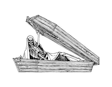 The risen dead from a wooden coffin. Vector illustration with black lines isolated on white background in a doodle and hand drawn style.のイラスト素材
