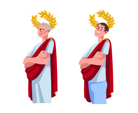 An ancient Roman patrician and his modern descendant. The concept of proud behavior. Color vector illustration isolated on a white background in a cartoon and flat design.のイラスト素材