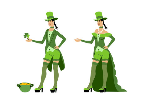 A leprechaun girl and a pot of gold. Color vector illustration isolated on a white background in a cartoon style.のイラスト素材