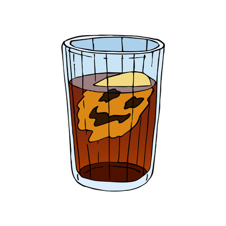 A laughing drink. Strong tea with a smiling face. Color vector illustration with black contour lines isolated on a white background in a cartoon style.のイラスト素材