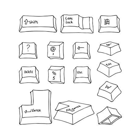 A set of keyboard buttons with a symbols. Vector illustration with black contour lines, isolated on a white background in a doodle style.のイラスト素材