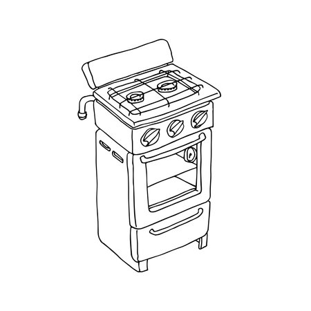 An old Soviet gas stove with an oven. Vector illustration with black contour lines, isolated on a white background in a hand drawn style.のイラスト素材