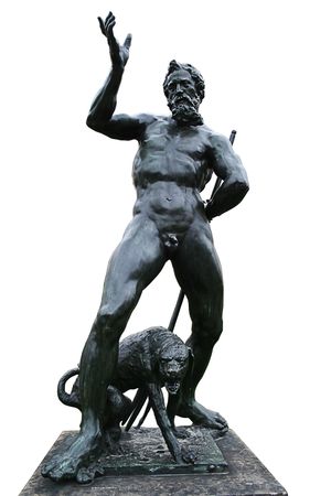 bronze statue of personage of the Antique. man with dogの写真素材
