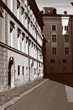 Retro style photo of Prague old town street の写真素材