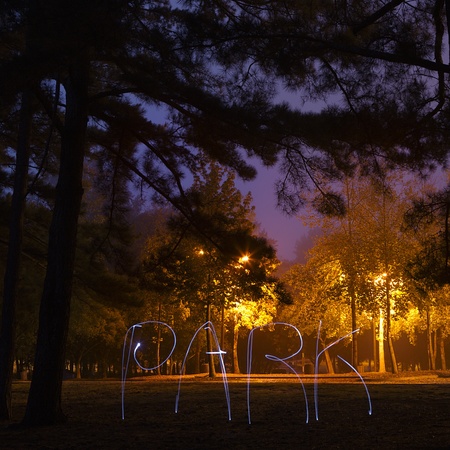 Early morning park. Word park written by lightの写真素材