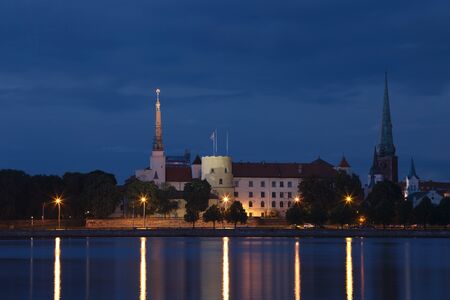 Panorama of old Riga at night. Latviaの写真素材