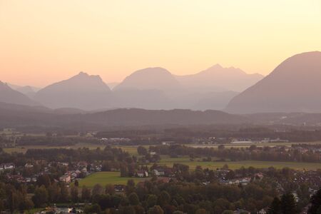 panorama of mountains in the alps at sunset. Salzburg, Austriaの写真素材