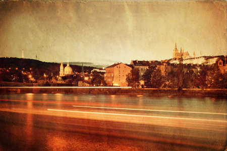 Retro image of Prague at night  Czech Republicの写真素材