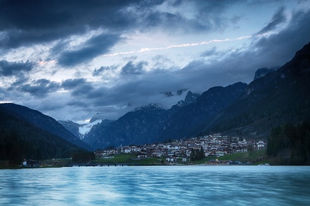 Lago di Auronzo  Lago Di Santa Caterina  at dusk, Dolomites Alps, Italyの写真素材