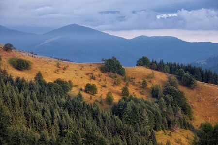 Carpathian mountain hills at cloudy sunrise. Carpathian mountains, Ukraineの写真素材
