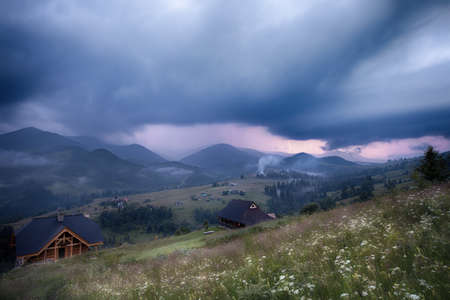 Mountains rural landscape in thunderstorm  Carpathian mountains, Ukraineの写真素材