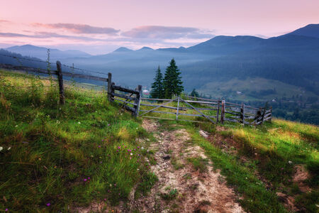 Mountains rural morning landscape  Carpathian mountains, Ukraineの写真素材