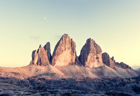 Panorama of Tre Cime at sunny sunset, Italian Dolomitesの写真素材