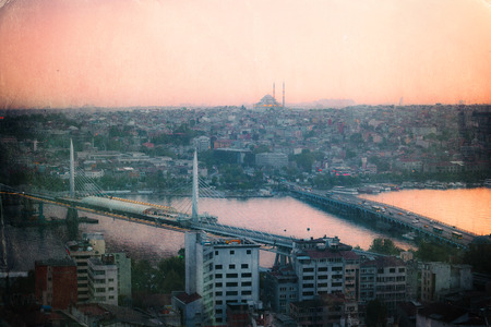 Vintage photo of Istanbul skyline at sunset, Turkeyの写真素材