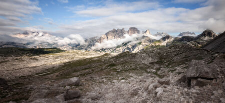 Panoramic view of mountain ridge near Tre Cime, Dolomite, Italyの写真素材
