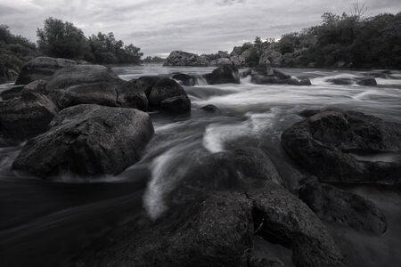 Black and white image of river cascades