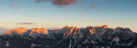Panoramic view of Dolomites mountains ridge, Val di Fassa, Italian Dolomitesの写真素材