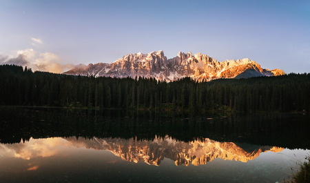 Panorama of Lago di Carezza early morning, Dolomites Alps, Italyの写真素材