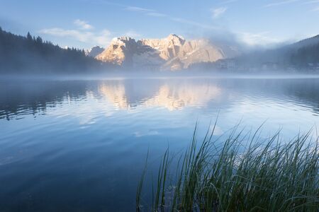 Early morning on the Lake Misurina, Tre Cime Di Lavaredo, Dolomites Alps, Europe.の写真素材