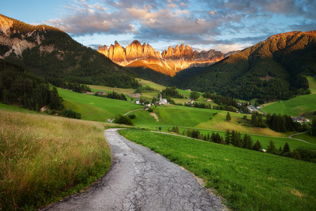 St. Magdalena village, Val di Funes, Dolomites Alps, Italy, Europeの写真素材