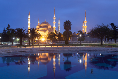 Sultanahmet Blue Mosque at dusk, Istanbul, Turkeyの写真素材