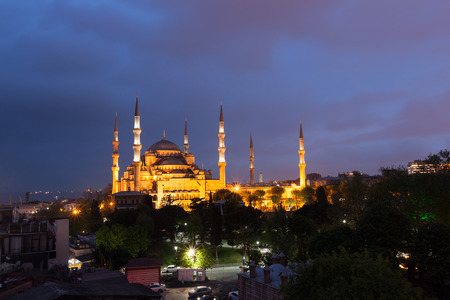 Sultanahmet Blue Mosque at night, Istanbul, Turkeyの写真素材