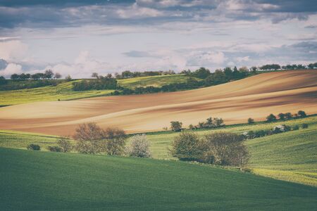 Vintage style image of rolling hills and fields at sunsetの写真素材