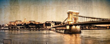 Vintage style panorama of the Chain bridge. Budapest, Hungaryの写真素材
