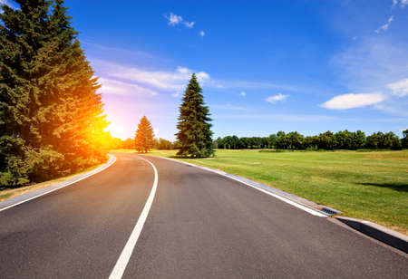 Road and green grass lawn