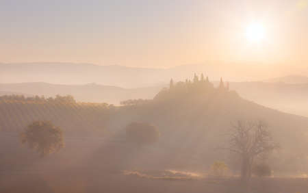 Sunrise at countryside landscape. Belvedere, Tuscany, Italy, Europe.の写真素材