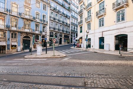 LISBON, PORTUGAL - FEBRUARY 03, 2016: Alfama district morning street in Lisbon, Portugal.のeditorial素材