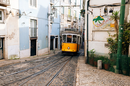 LISBON, PORTUGAL - FEBRUARY 02, 2016: Old traditional tram in Lisbon, Portugalのeditorial素材