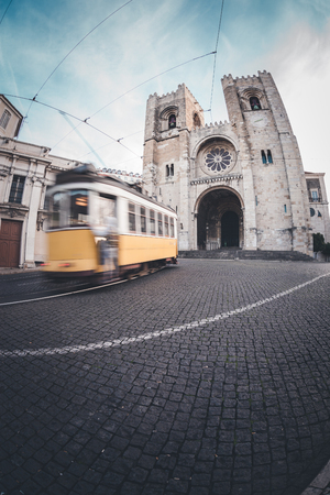Vintage tram in the Lisbon city center, Portugalの写真素材