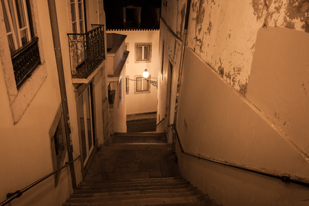 European street at night, Lisbon, Portugalの写真素材