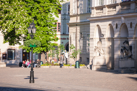 LVIV, UKRAINE - MAY 6, 2016: Morning streets of Lviv city. The streets and houses of the old city center.のeditorial素材