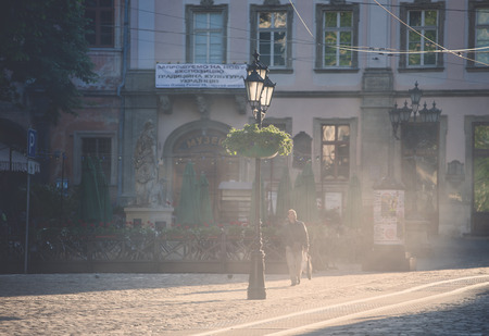 LVIV, UKRAINE - MAY 6, 2016: Morning streets of Lviv city. The streets and houses of the old city center.のeditorial素材